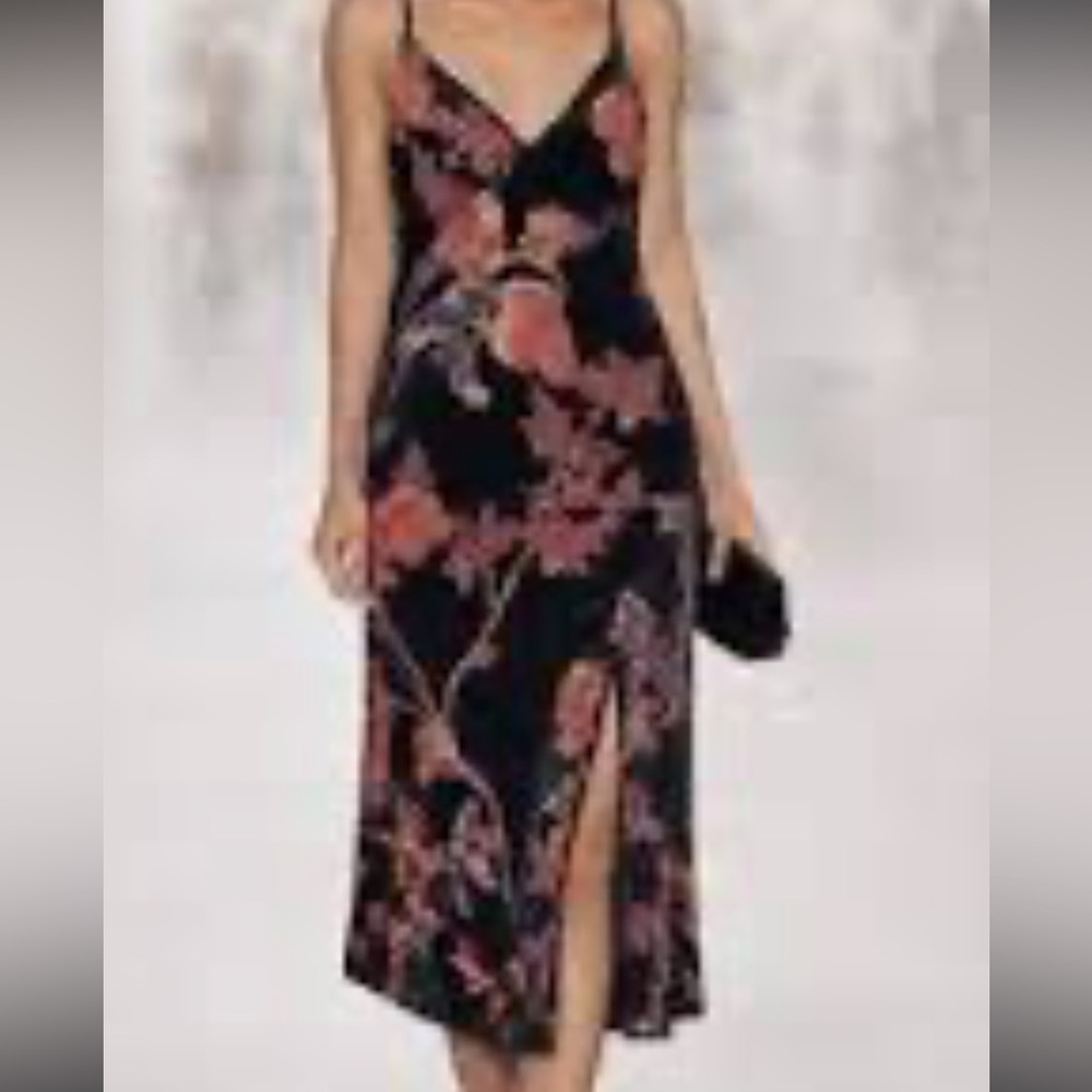 Rachel Zoe Black Maxi Slip Dress with Coral Floral Print